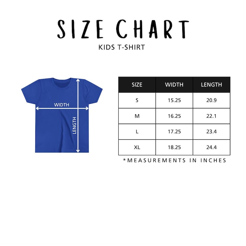 The image is a size chart for a kids' t-shirt, showing the measurements for different sizes in inches.