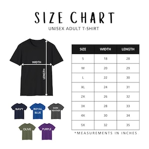 The image is a size chart for a unisex adult t-shirt, showing the measurements for different sizes.