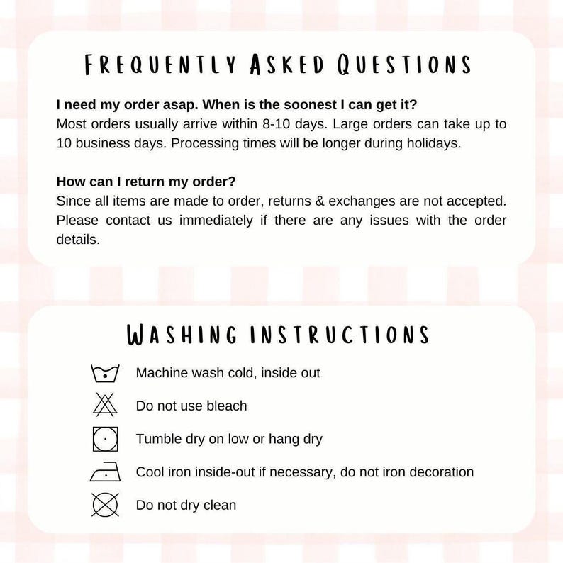 a set of frequently asked questions and washing instructions for a clothing store. The questions are about returning orders and washing instructions, and the instructions provide guidelines on how to properly wash and care for the items.
