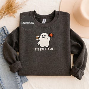 It’s Fall Y’all Ghost Embroidered Shirt, Fall Coffee Tee, Cute Ghost Comfort Colors Tee, Cozy Autumn Shirt, Pumpkin Patch Outfit