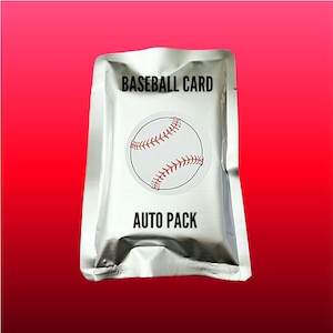 May include: A silver baseball card pack with the words "BASEBALL CARD" and "AUTO PACK" printed in black. A circular sticker of a baseball with red stitching is on the front of the pack.