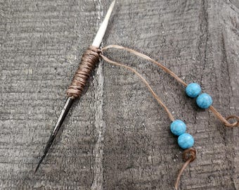 Genuine Porcupine Quill Cowboy Toothpick with Blue Turquoise Beads
