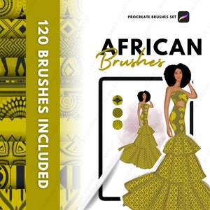 Op de afbeelding: Een digitale illustratie van een vrouw die een gele jurk draagt met een geometrisch patroon. De jurk bestaat uit drie lagen. De vrouw heeft een donkere huid en zwart haar. De tekst "AFRICAN Brushes" wordt boven de vrouw weergegeven. De tekst "120 BRUSHES INCLUDED" wordt aan de linkerkant van de afbeelding weergegeven.