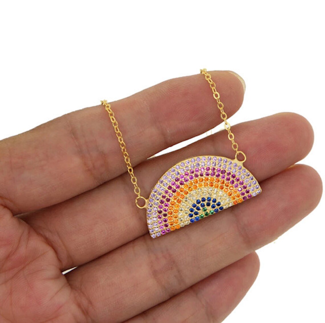 Sterling silver Rainbow necklace/ colorful pendant cz /925 Etsy