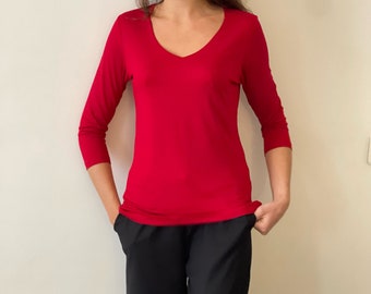 Top rouge femme col v viscose elasthane manches trois quart