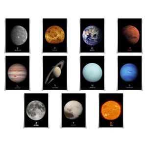 May include: A collection of eleven rectangular art prints depicting the planets, the sun, and the moon. Each print shows a detailed image of a celestial body against a black backdrop, with the planet's name and symbol at the bottom.