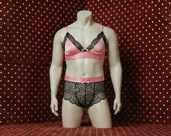 Men's See Through Lace Lingerie Set, Sissy Femboy Bra & Shorts