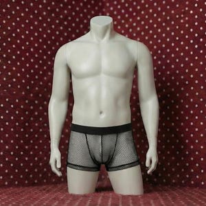 May include: A headless mannequin torso wearing black mesh boxer briefs. The mannequin is a light skin tone and is posed against a red background with white polka dots. The boxer briefs have a black waistband.