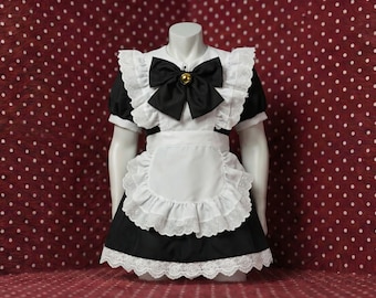 Sissy Lockable Black French Maid Dress with Lace Apron Puff Sleeve Crossdressing Costume
