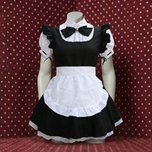 Sissy Låsbar Svart Fransk Pigaklänning med Spetsförkläde Puffärm Crossdressing Kostym