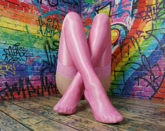 Oil Shine Thigh High Stockings – Over-Knee Pink Glossy Socks for Men