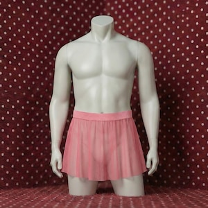 Könnte beinhalten: Ein Mannequin-Torso wird mit einem durchsichtigen, hellrosa Rock gezeigt. Der Rock ist an der Taille gerafft und ausgestellt. Der Hintergrund ist ein dunkelroter Stoff mit weißen Punkten. Die Mannequin ist weiß.