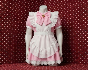 Sissy Lockable Black French Maid Dress with Lace Apron Puff Sleeve Crossdressing Costume