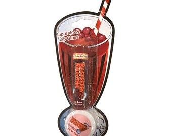 Vintage Lotta Luv 2-Piece Lip Balm & Gloss Set Raspberry Smoothie Flavor Glass/Straw Card