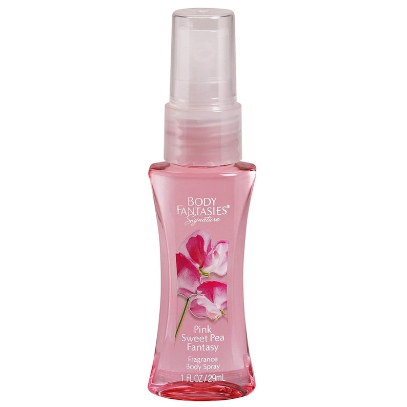 May include: A pink Body Fantasies fragrance body spray bottle. The bottle features a floral design with the words "Pink Sweet Pea Fantasy" and "1 FL OZ/29mL". The bottle has a clear, plastic cap.