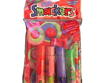 Vintage Lip Smackers Back-To-School Book Cover Set w/4 Bubble Font Lip Balms HTF Strawberry Design