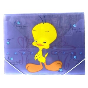 May include: A clear, purple plastic file folder featuring a smiling yellow Tweety Bird character. The folder has a white elastic closure and decorative elements with the text "looney tunes paris".
