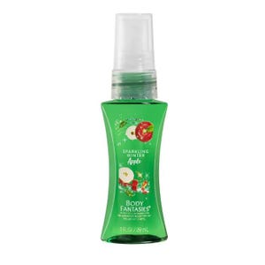 May include: A green Body Fantasies fragrance body spray bottle with a white cap. The bottle has a label with apple illustrations and the words "Sparkling Winter Apple". The bottle contains 29 ml.