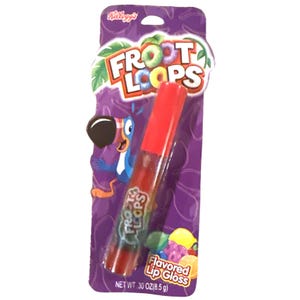 May include: A Froot Loops flavored lip gloss in a clear tube with a red cap, packaged on a purple backing. The packaging features the Froot Loops logo, Toucan Sam, and the words "Flavored Lip Gloss". The net weight is 0.30 oz.