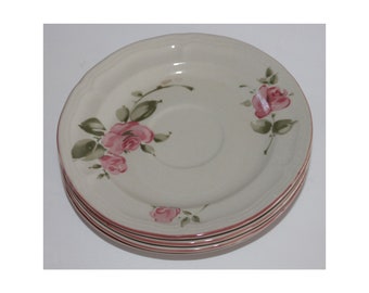 Juego de 4 piezas de platos de porcelana Gibson Housewares de 6.5 pulgadas con rosas rosas y diseño vintage en verde claro.