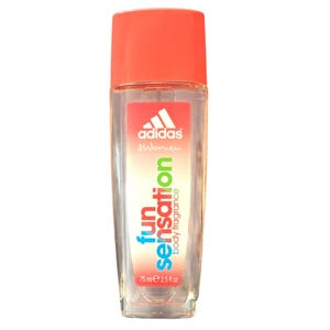 May include: A clear Adidas Fun Sensation body fragrance bottle with a coral-colored cap. The label features the Adidas logo and the words "Fun Sensation" in blue and green. The bottle contains 75 ml or 2.5 fl oz.