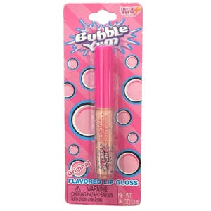 May include: A pink and blue package of Bubble Yum flavoured lip gloss. The lip gloss tube is pink, and the packaging features the words "Bubble Yum" and "Original Flavoured Lip Gloss". The net weight is 1.1 g.