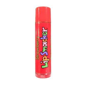 May include: A red Lip Smacker lip balm tube with the word "Strawberry" and the brand name in colorful text. The lip balm is cylindrical with a red cap.