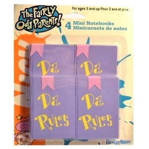 May include: A package of four mini notebooks featuring the text "Da Rules" in yellow on a purple background. Each notebook has a pink ribbon bookmark. The packaging includes the logo for "The Fairly OddParents!"