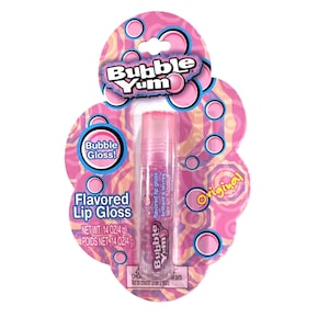 Könnte beinhalten: Ein rosa Bubble Yum Lipgloss in einer transparenten Tube, verpackt auf einer rosa und lila Karte mit Blasenmotiv. Die Verpackung enthält die Wörter "Bubble Gloss!" und "Flavored Lip Gloss". Das Nettogewicht beträgt 4 g.