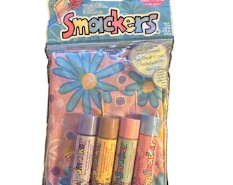 Vintage Lip Smackers Back-To-School Book Cover Set w/4 Bubble Font Lip Balms HTF Pastel Flowers