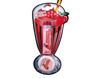 Set di balsamo e lucidalabbra Vintage Cherry Berry Smoothie di Lotta Luv, 2 pezzi da 4,25 g + 3,75 g in vetro/cannuccia con cartoncino.