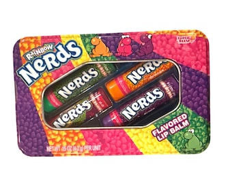 Vintage 2012 Lotta Luv 4pc Lip Balm Tin Set Rainbow Nerds Apple + Orange+ Grape+ Strawberry