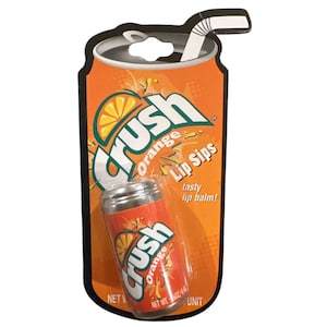 May include: Orange Crush Lip Sips lip balm in a novelty can-shaped package. The packaging is orange with the Crush logo and a slice of orange. The lip balm can is orange with the Crush logo. The package includes a straw-shaped cutout.