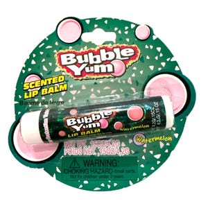May include: A Bubble Yum watermelon-flavored lip balm in a green and pink package. The lip balm tube is white with a green and pink label. The packaging includes the text "SCENTED LIP BALM" and "Watermelon".
