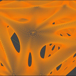 May include: An orange 3D model of a complex, organic shape with many holes and curves. The model is made of a wireframe mesh.