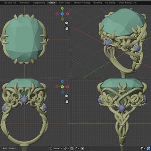 Puede incluir: Un modelo digital 3D de un anillo con una gran piedra preciosa ovalada de color verde claro facetada, engastada en una banda compleja de color oliva claro. La banda muestra una estructura intrincada y entrelazada con peque&ntilde;as esferas redondas de color violeta claro.