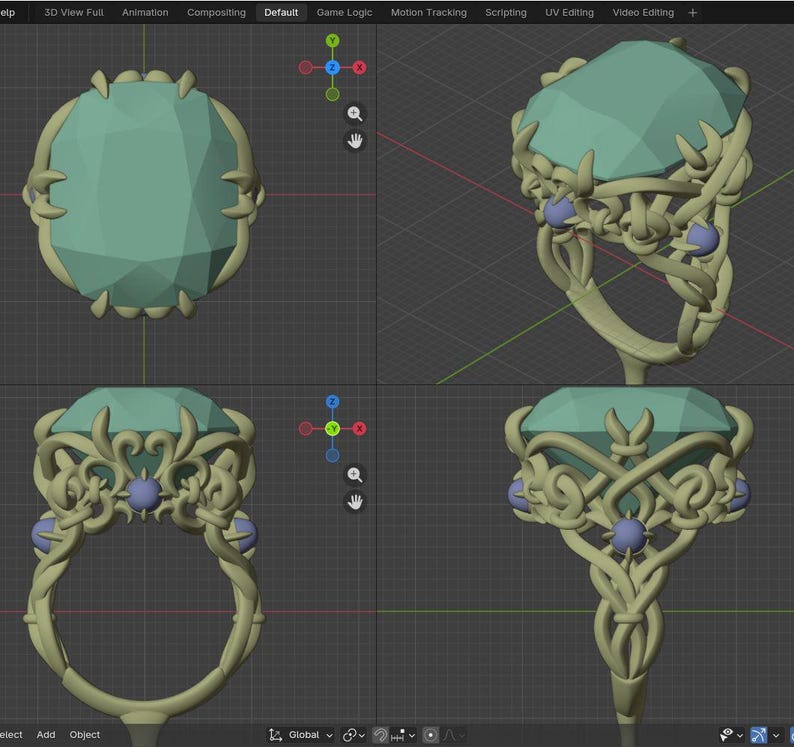 Puede incluir: Un modelo digital 3D de un anillo con una gran piedra preciosa ovalada de color verde claro facetada, engastada en una banda compleja de color oliva claro. La banda muestra una estructura intrincada y entrelazada con peque&ntilde;as esferas redondas de color violeta claro.