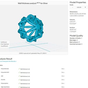 May include: A 3D model of a blue, intricate, spherical object with a grid background. The model is labeled "23001+sprue2.stl (uploaded May 27, 2023)". The image also includes a table with information about the model's properties and quality, including dimensions, volume, surface area, number of shells, bad edges, bad contours, and inverted normals.