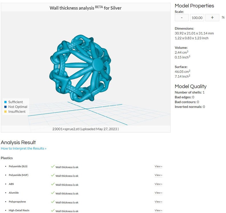 May include: A 3D model of a blue, intricate, spherical object with a grid background. The model is labeled "23001+sprue2.stl (uploaded May 27, 2023)". The image also includes a table with information about the model's properties and quality, including dimensions, volume, surface area, number of shells, bad edges, bad contours, and inverted normals.