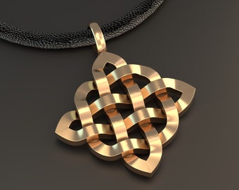 May include: A gold pendant necklace with a knot design. The pendant is made of a shiny metal and has a complex, interwoven pattern. The necklace is on a black cord.