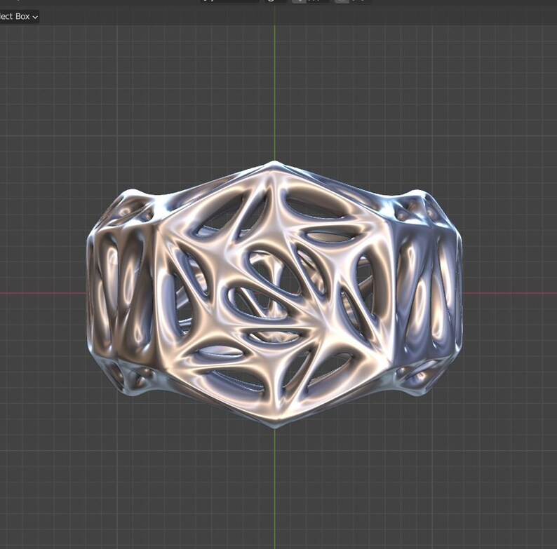 May include: A silver, geometric, 3D printed ring with a complex, intricate design. The ring is made of many small, interconnected shapes that create a web-like pattern.