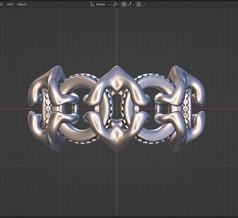 May include: A silver metal ring with a complex, interlocking design. The ring is made up of multiple pieces that are connected in a way that creates a three-dimensional effect.