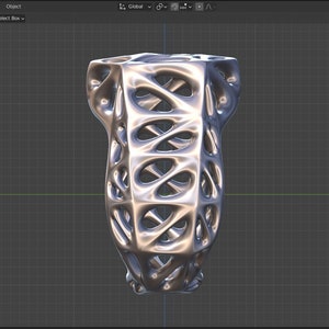 May include: A silver, 3D printed, geometric sculpture with a complex, interwoven design. The sculpture has a vase-like shape with a wide opening at the top and a narrow base.