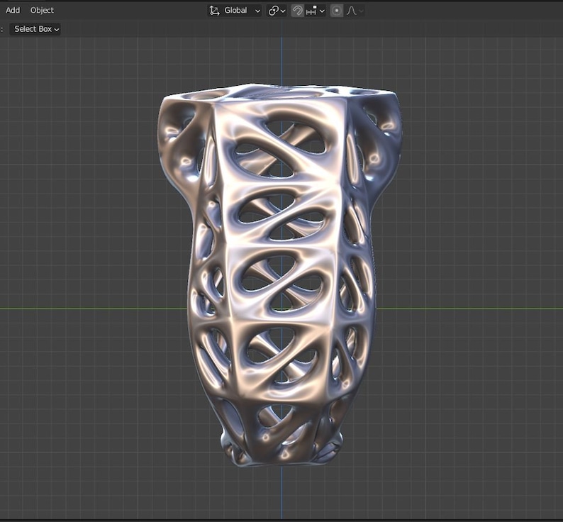 May include: A silver, 3D printed, geometric sculpture with a complex, interwoven design. The sculpture has a vase-like shape with a wide opening at the top and a narrow base.