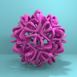 Op de afbeelding: Een roze abstract 3D-beeldhouwwerk met een complexe, organische vorm die lijkt op een bloem. Het beeldhouwwerk is gemaakt van glad, glanzend materiaal en staat tegen een lichtblauwe achtergrond.