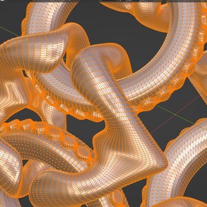 May include: A 3D model of a complex, interwoven shape with a metallic finish. The shape is rendered in a wireframe style, with orange lines outlining the form. The background is a dark gray.