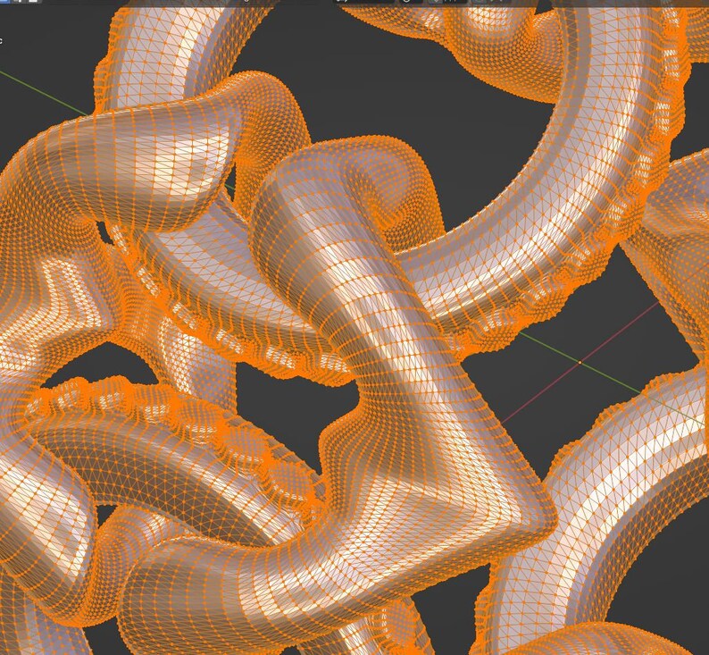 May include: A 3D model of a complex, interwoven shape with a metallic finish. The shape is rendered in a wireframe style, with orange lines outlining the form. The background is a dark gray.