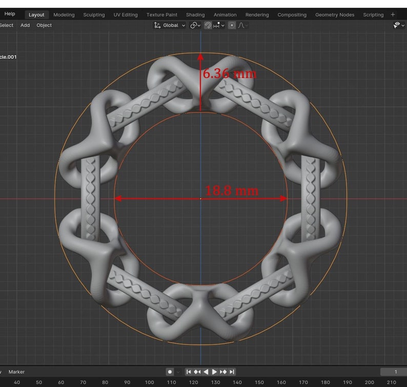 May include: A 3D model of a silver ring with a complex, interwoven design. The ring is 18.8 mm wide and 6.36 mm thick.
