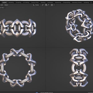 May include: Four different views of a silver metal ring with a complex, interwoven design. The ring is circular and has a detailed, intricate pattern.