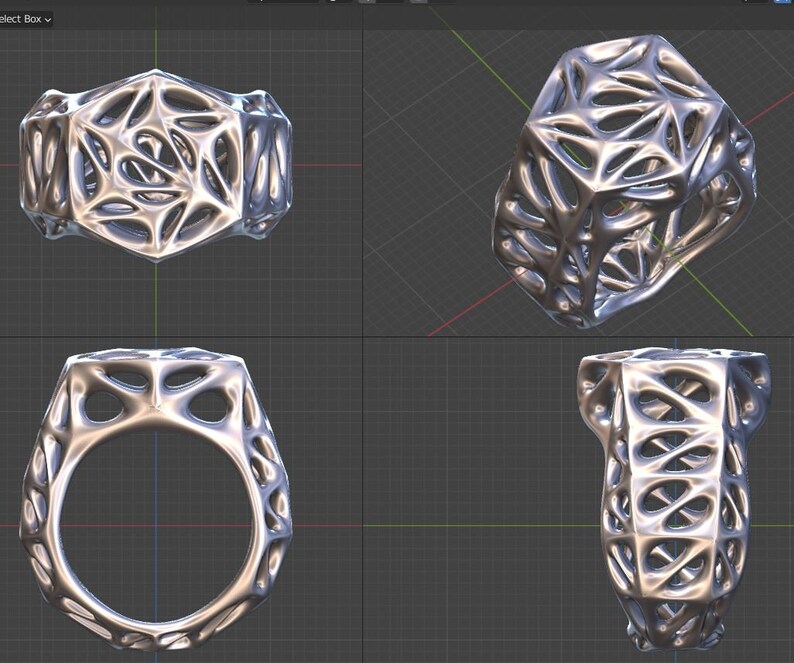 May include: A silver ring with a geometric design. The ring is made of a delicate, intricate pattern of interconnected lines and curves. The ring is shown from multiple angles.
